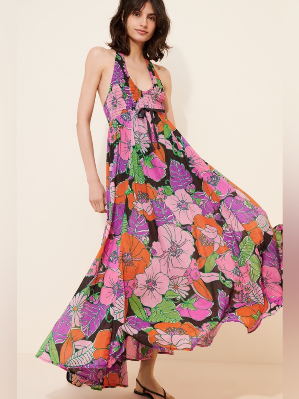 Free People Baysides Florals Maxi Halter Dress Pink Combo Multicolor  Boho